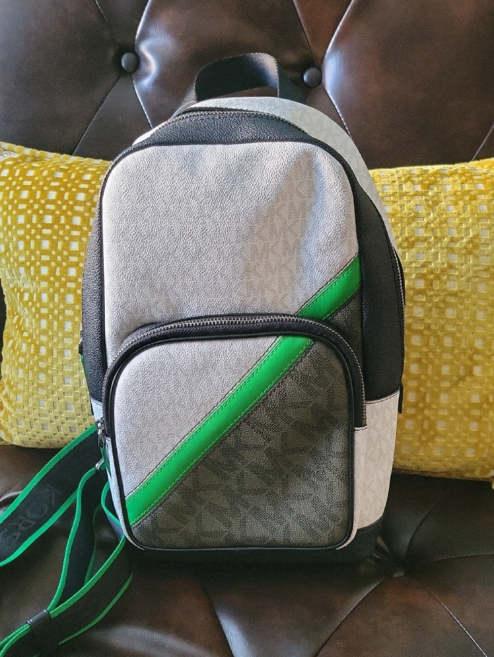 Micheal Kors Gray and Green Leather Accent Backpack